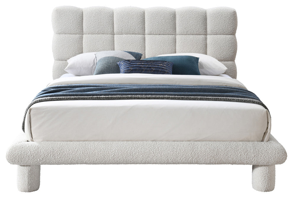 Deco Boucle Fabric Upholstered Full Bed, Cream, King