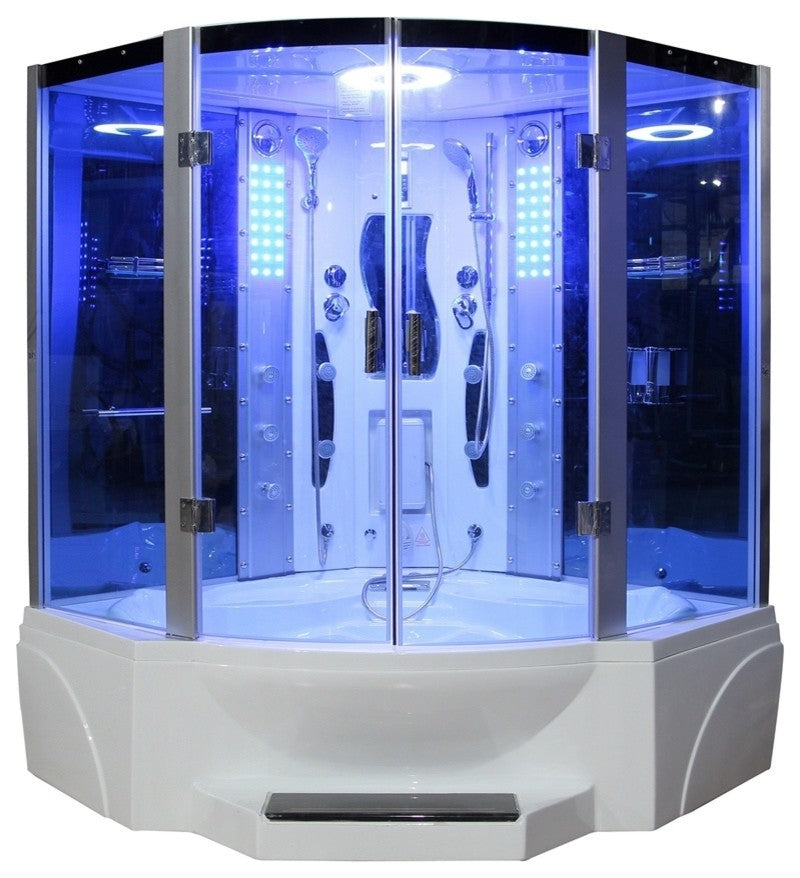 Steam Shower With Jetted Tub, Blue Glass, 63"x63"x85"