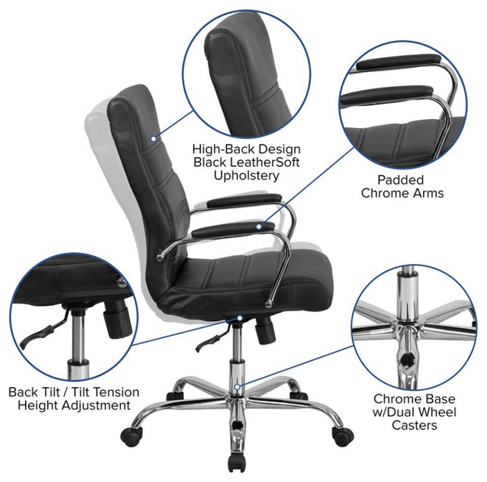 Pemberly Row High Back Leather Office Swivel Chair in Black and Chrome