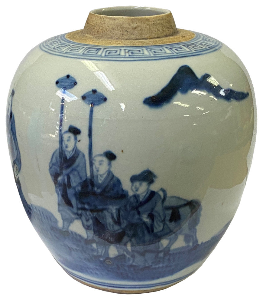 Oriental Handpainted People Small Blue White Porcelain Ginger Jar Hws2330