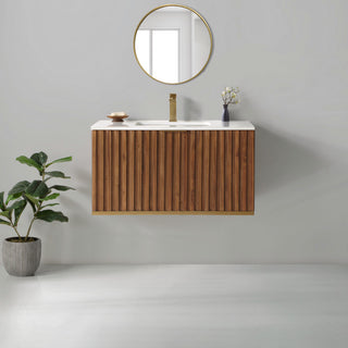 Terra Bathroom Vanity, Walnut/Satin Brass With White Quartz, 36", White Quartz Top