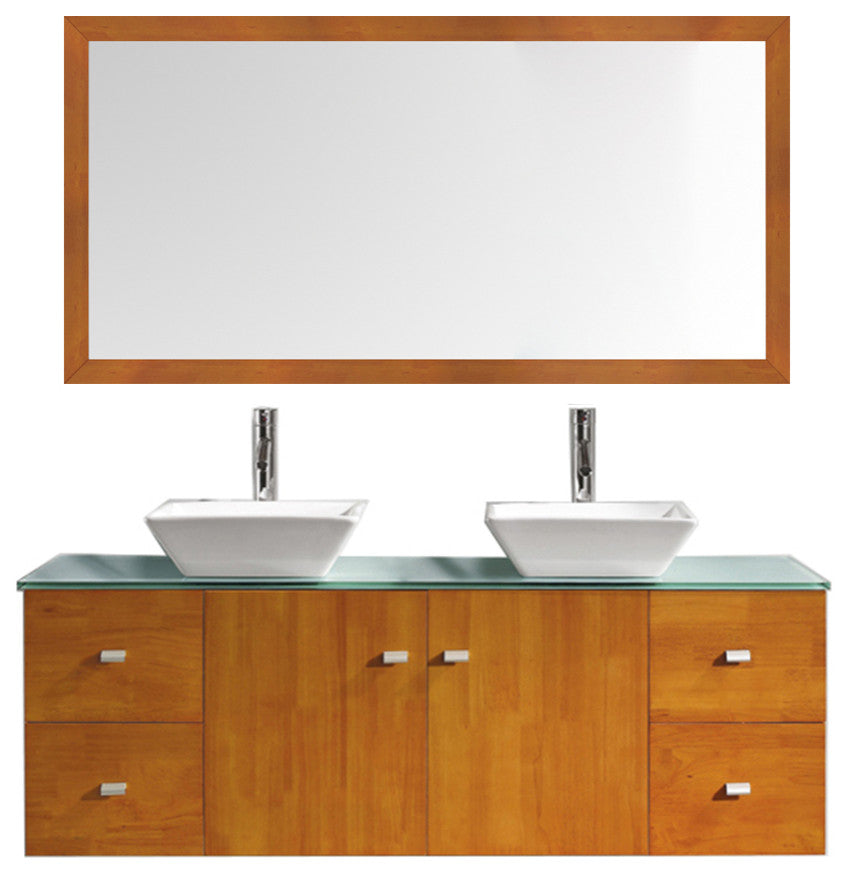 Clarissa 61" Double Bathroom Vanity Set, Honey Oak, Aqua Tempered Glass Countert