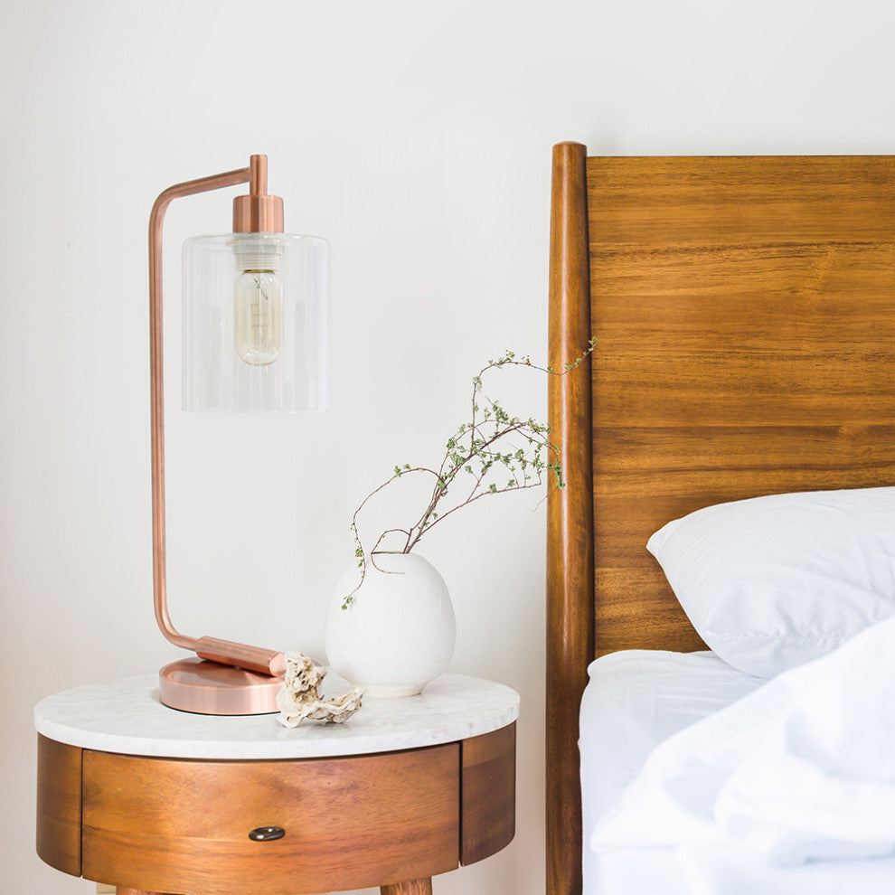 Bronson Industrial Iron Lantern Desk Lamp With Glass Shade, Rose Gold