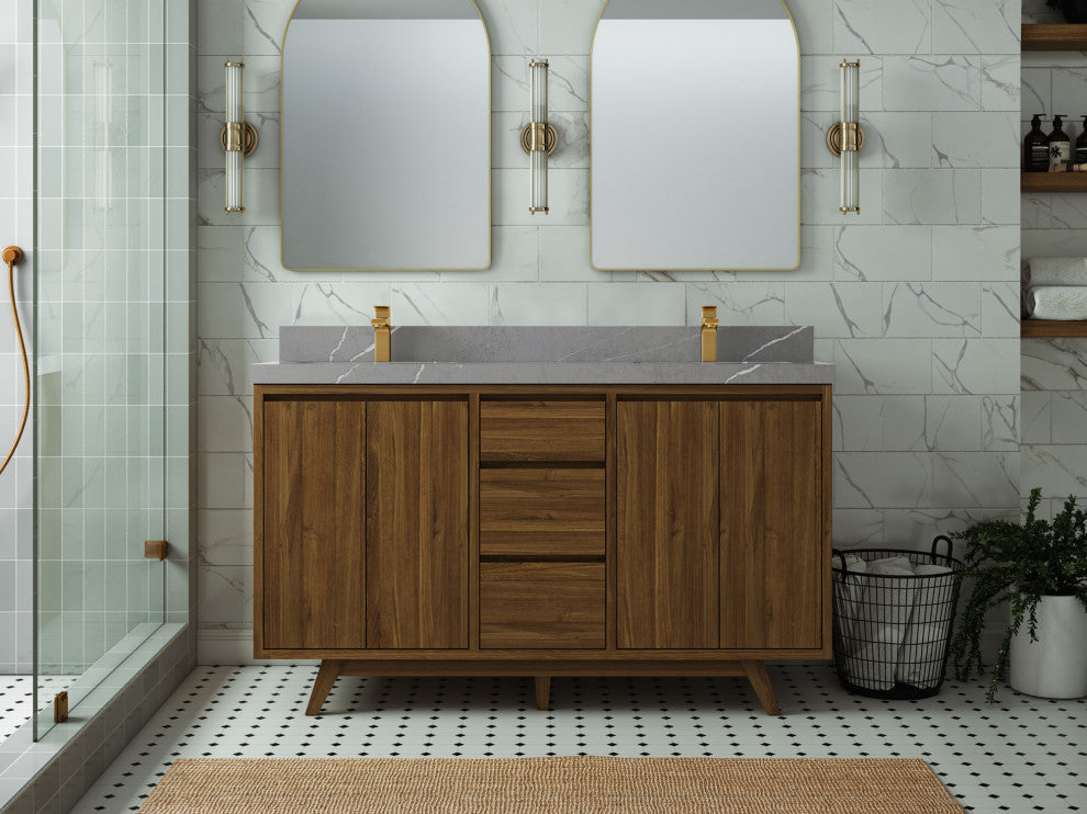 Madison Teak 60 Double Bathroom Vanity in Dark Natural 2" Piatra Gray