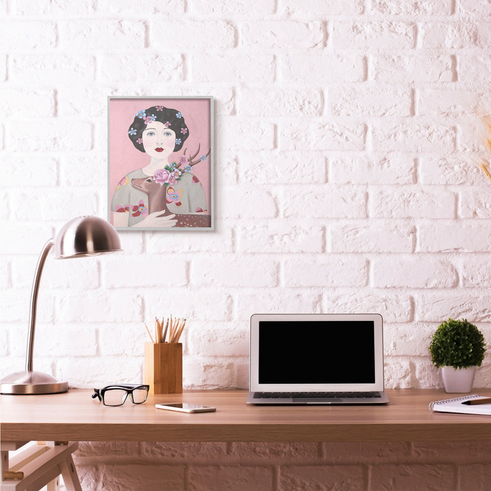Woman And Deer Pink Animal Painting, 16"x20"