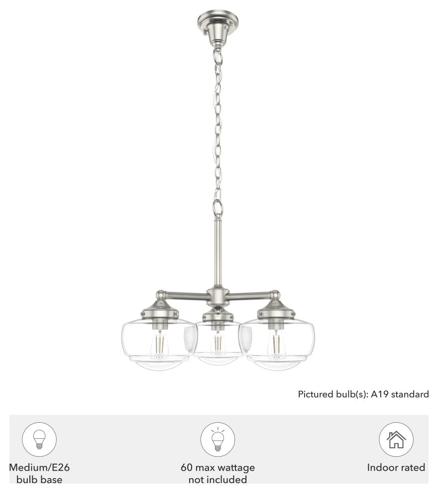 Saddle Creek Brushed Nickel, Clear Seeded Glass 3 Light Chandelier Light