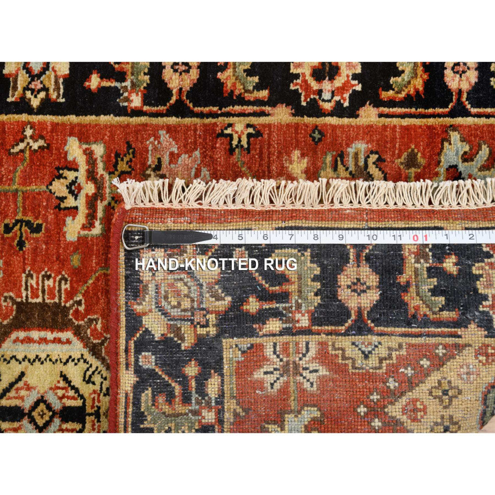 Red and Black, Hand Knotted Karajeh Design, Pure Wool Runner Rug, 2'9"x12'0"