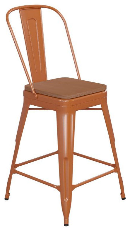 Kai Commercial Grade 24" Metal Indoor-Outdoor Counter Stool w/Removable Seat, Orange/Teak