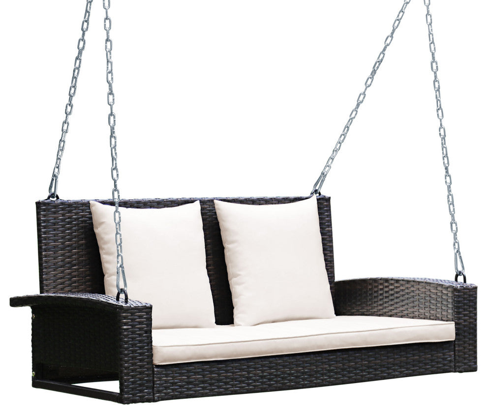 Costway 2-Person Patio Rattan Hanging Porch Swing Bench Chair Cushion Beige