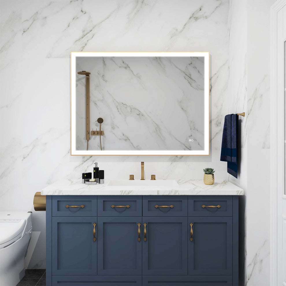 Framed LED Lighted Bathroom Vanity Mirror With Defogger, Gold, 48"x36"