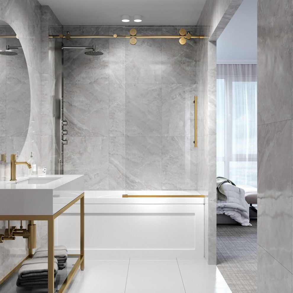 VIGO Elan 56" to 60" W x 66" H Frameless Sliding Tub Door, Matte Gold, Laminated Glass