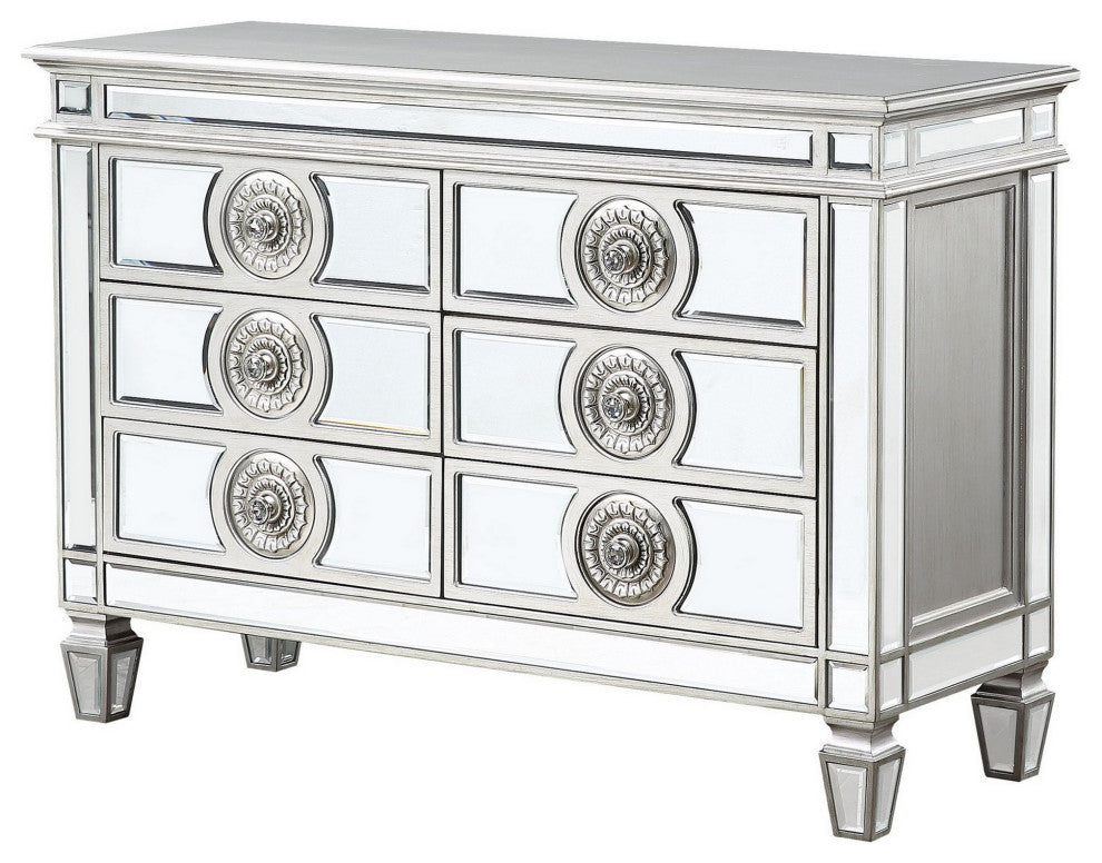 Benzara BM263895 Server With 6 Mirrored Drawers and Medallion Front, Silver