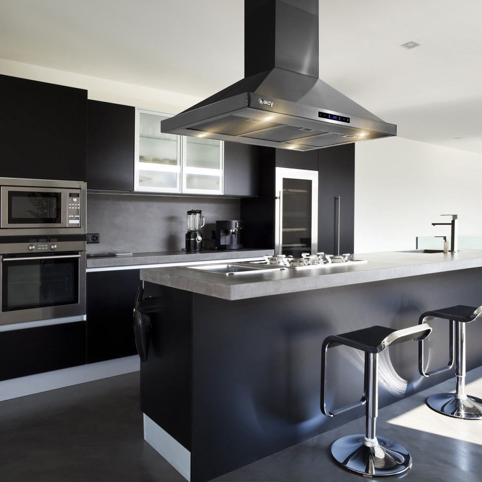 AKDY 36"� Island Mount Black Stainless Steel Kitchen Range Hood with Touch Panel