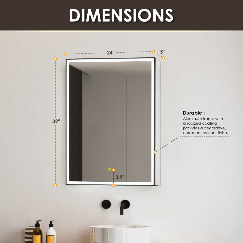 Fenice Surface-Mount/Reccessed LED Lighted Bathroom Medicine Cabinet, 24"