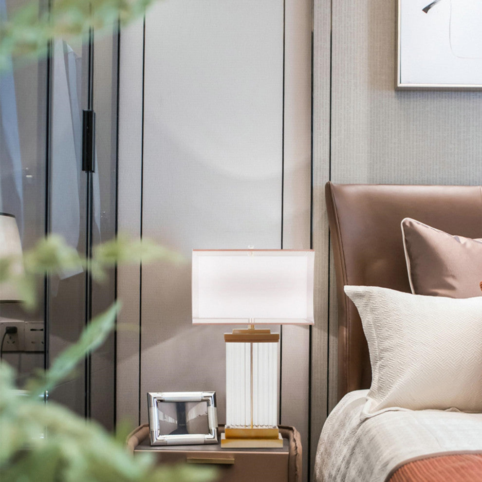 Clear Crystal Column With Gold Metal Frame and White Shade Table Lamp