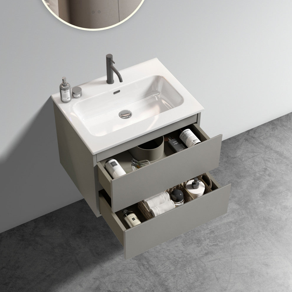 Wall-Mounted Bathroom Vanity Set with Ceramic Sink with one faucet hole, Gray