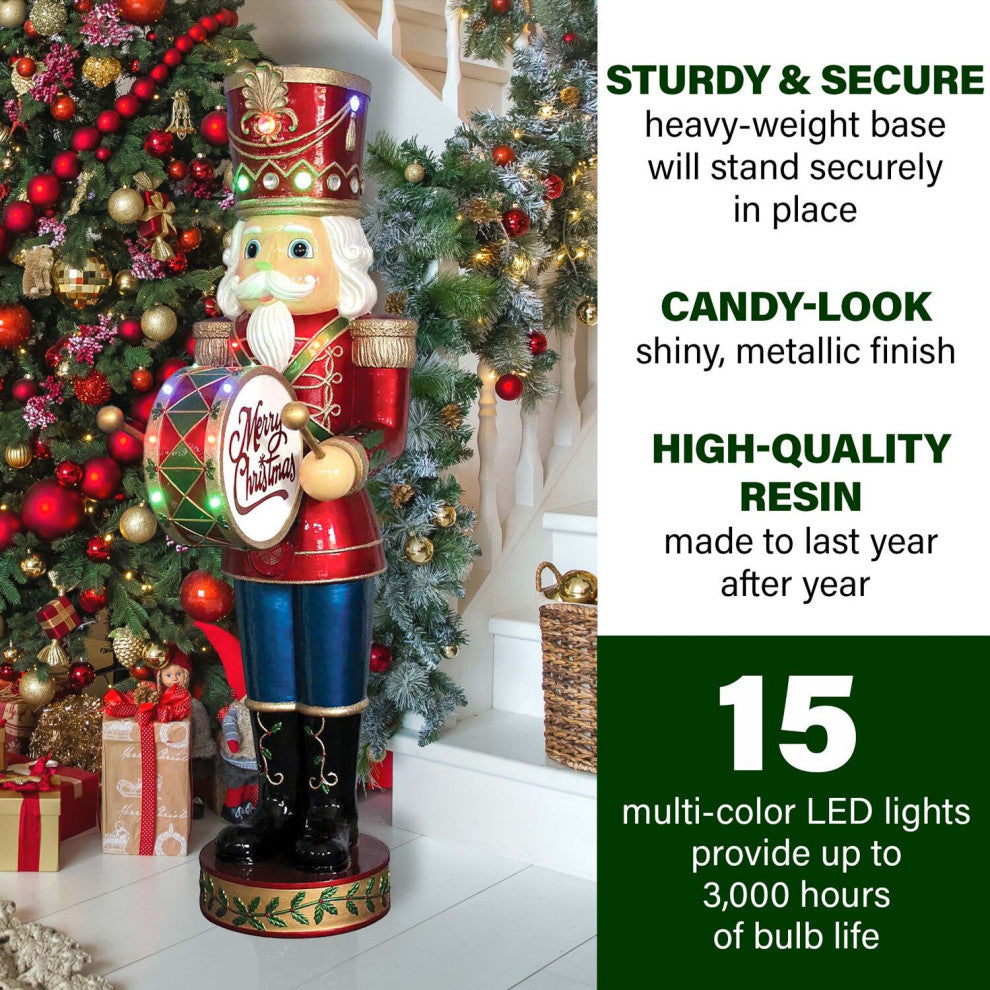 5' Nutcracker Playing Bass Drum With Moving Hands, Music, Timer, 15 LEDs