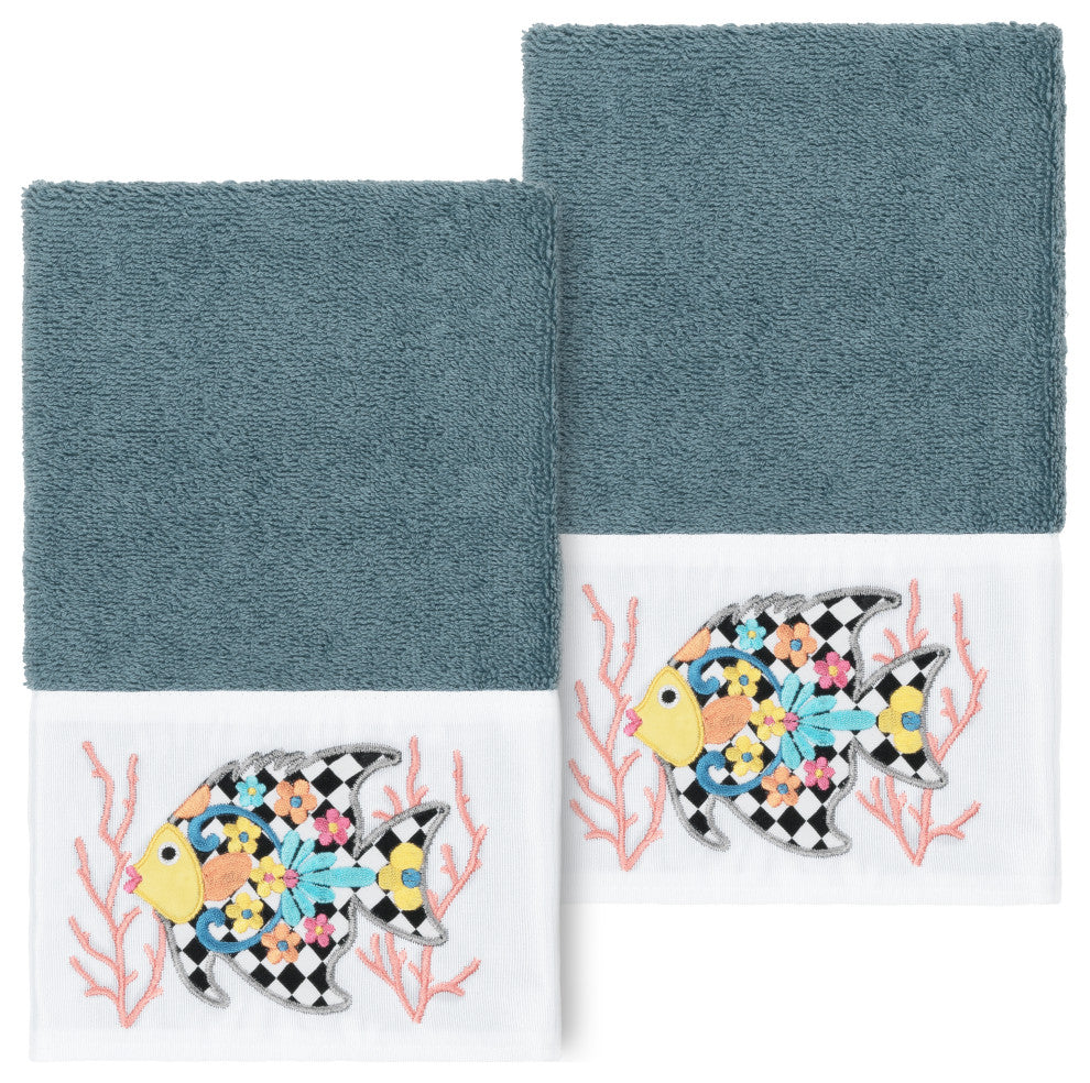 Linum Home Turkish Cotton Feliz 2-Piece Embellished Hand Towel Set, Teal