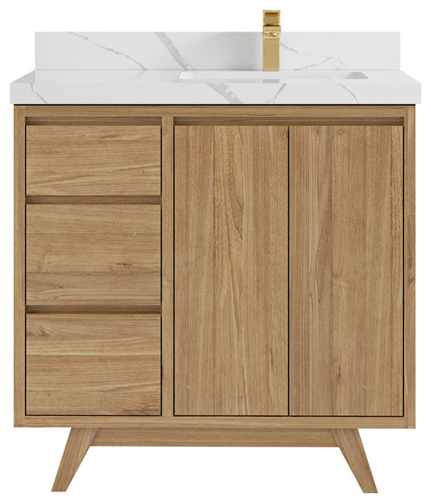 Madison  Teak 36 Right Offset Bath Vanity Golden Teak 2" Calacatta Laza
