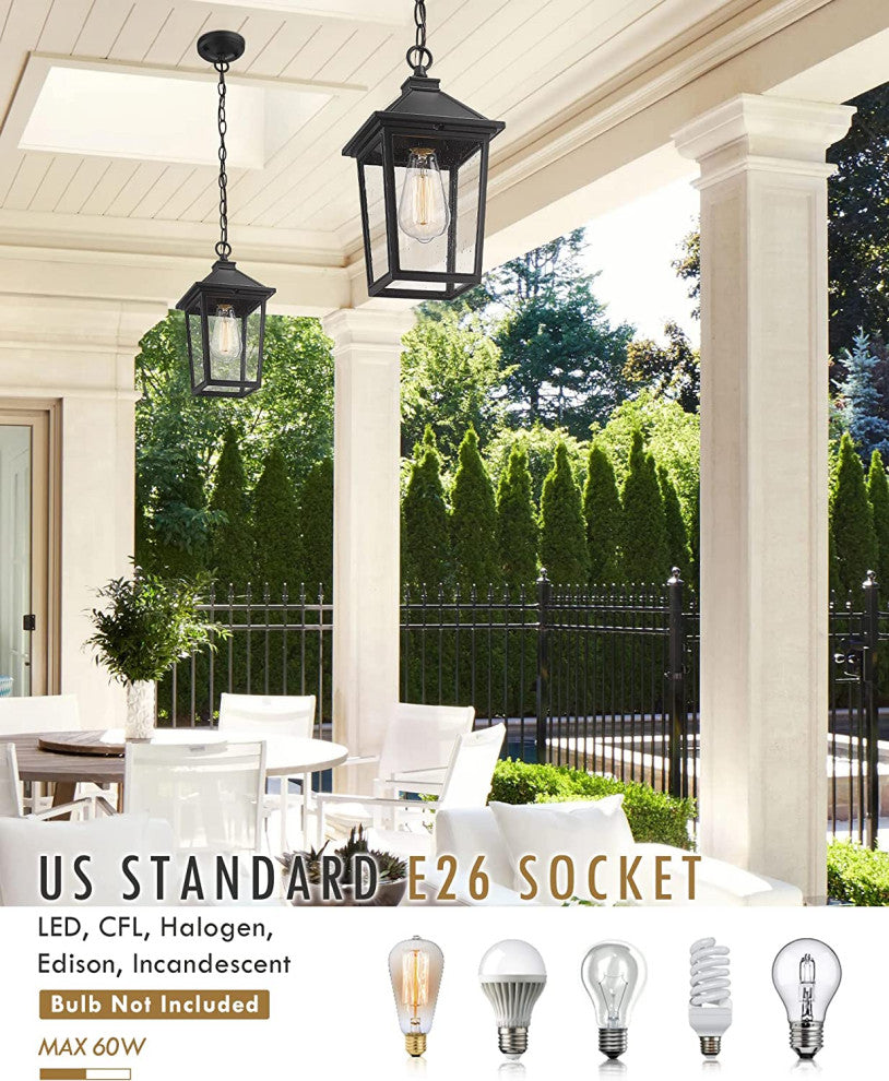 Farmhouse Exterior Hanging Porch Light, Black Chandelier, Seeded Glass Shade