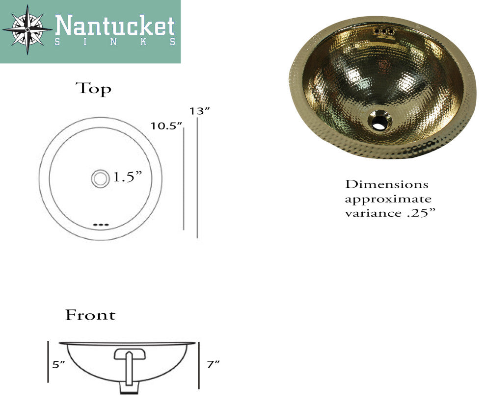 Nantucket Sinks Round Hand Hammered Brass Lavatory Sink