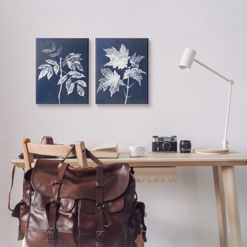 Maple Leaf Elm Stem Vintage Blue White Illustration,2pc, each 16 x 20