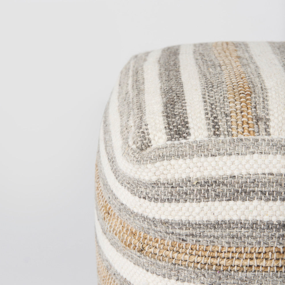 Aahana 16.0Lx16.0Wx16.0H White/Taupe/Gray Striped Hemp and Cotton Pouf
