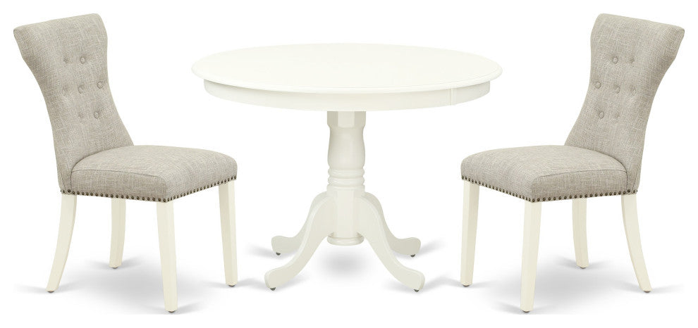 3Pc Dinette Set, Pedestal Table, 2 Chairs, Doeskin Chairs Seat, Linen White