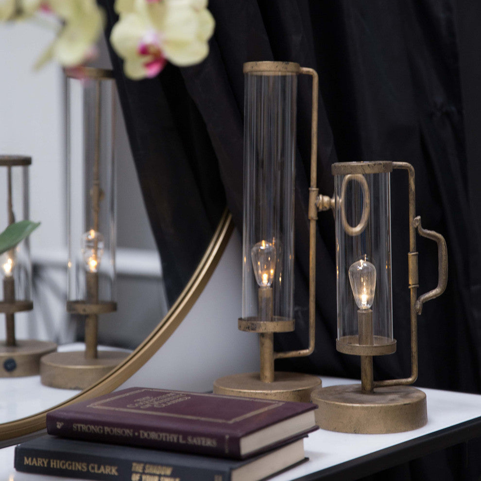 Round Metal Lantern with Glass Cylinder, White LED Lights, Gold, Set of Two