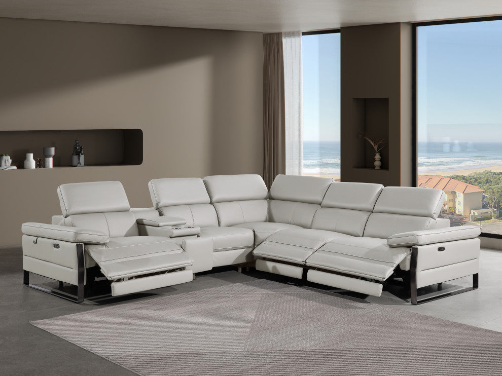 Antonio Italian Leather 6-Piece L-Shaped Power Reclining Sectional, Light Gray