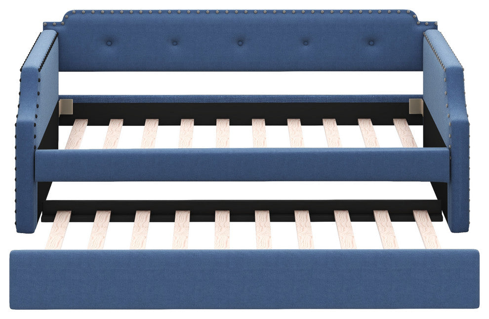 Elegant Linen Upholstered Daybed with Trundle, Blue