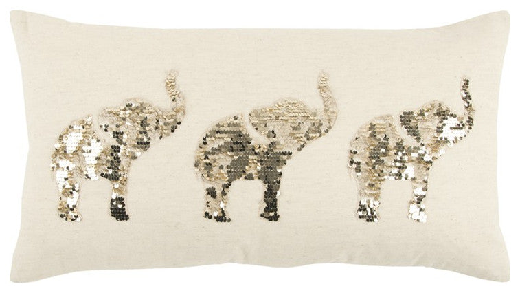 Natural Gold Sequined Elephant Trio Lumbar Pillow