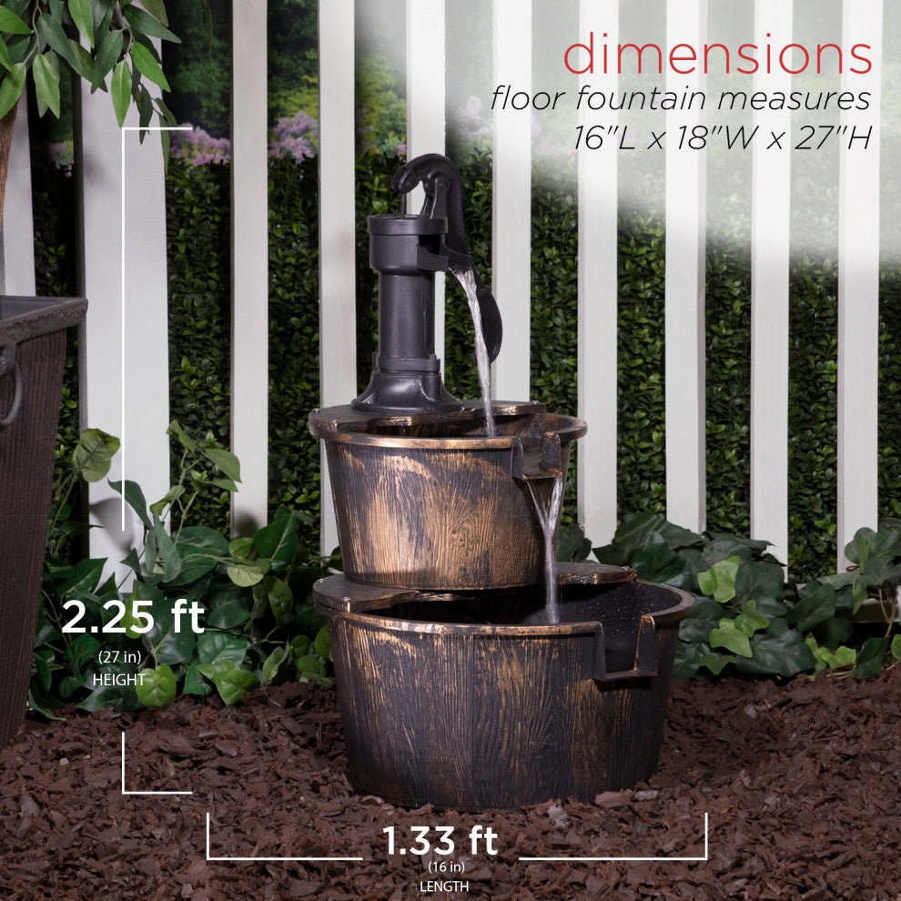 27" Tall 2-Tier Barrel and Pump Waterfall Fountain, Bronze Finish