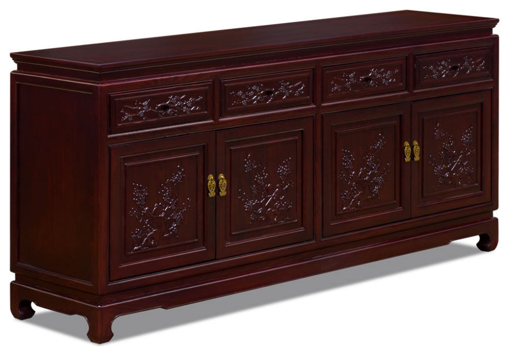 Dark Cherry Elmwood Bird and Flower Motif Oriental Sideboard