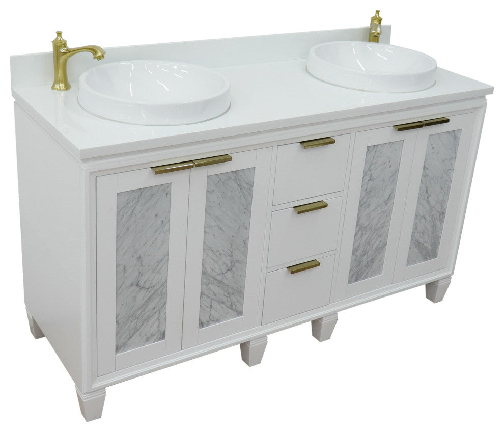 61" Double Sink Vanity, White Finish With Engineered Stone Top And Round Sink