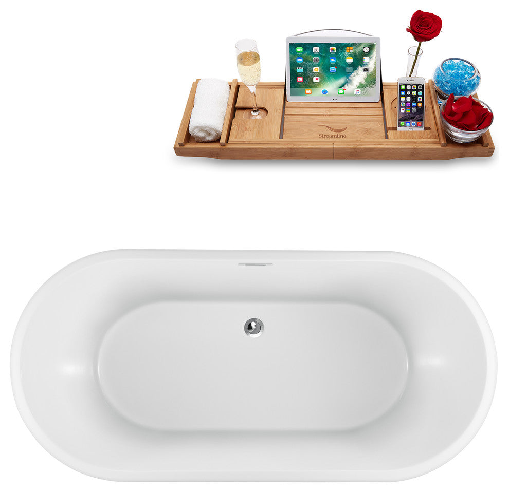 59" White Freestanding Tub and Tray With External Drain, Oval Shaped