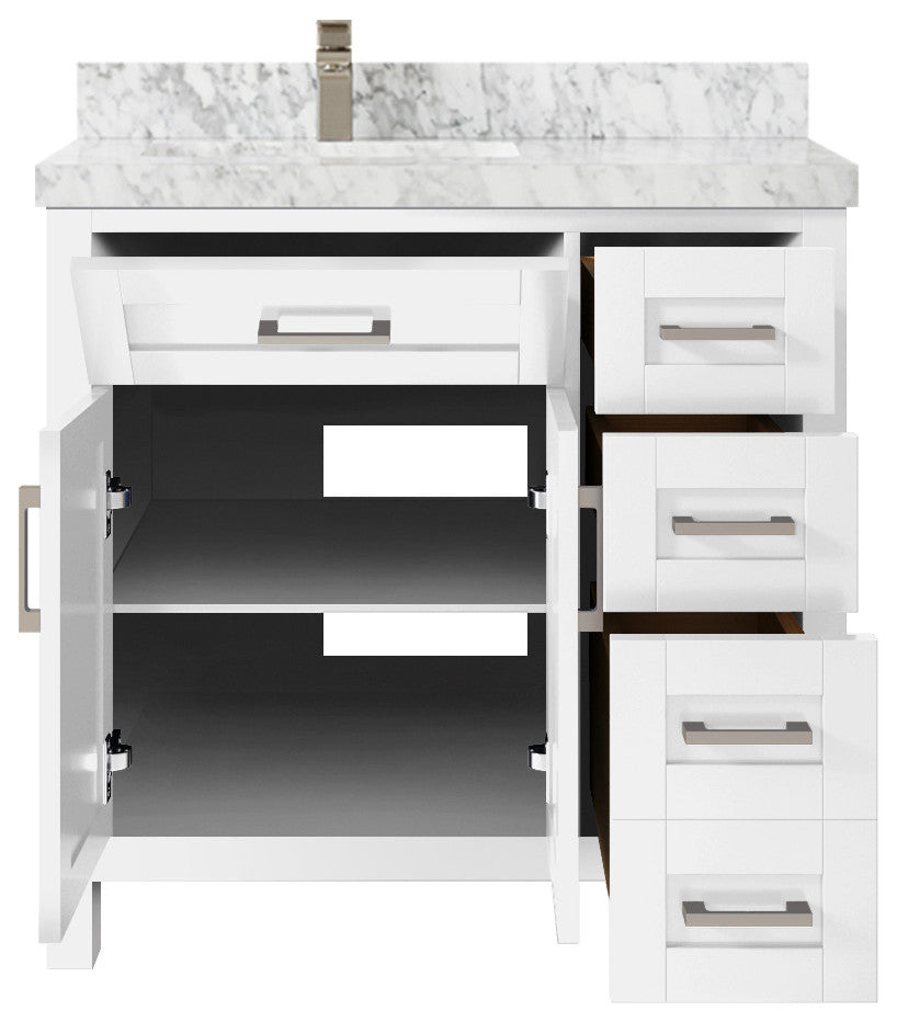 Cambridge 36 Left Offset Bath Vanity in White 2" Carrara Marble