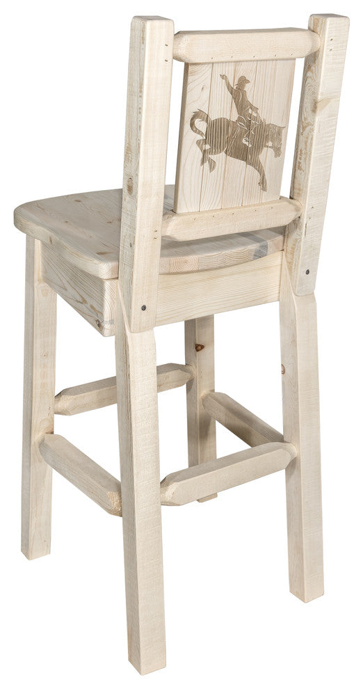 Homestead Bar Stool With Back, With Laser Engraved Bronc, Clear Lacquer Finish