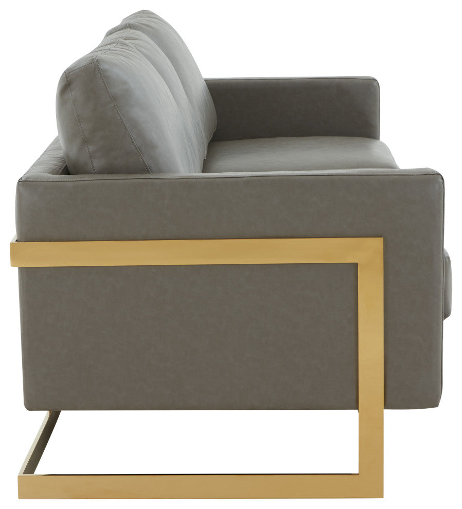 LeisureMod Lincoln Modern Leather Sofa With Gold Frame, Gray