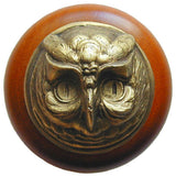 Wise Owl Cherry Wood Knob, Antique-Style Brass