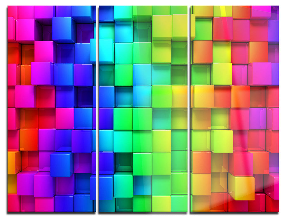 "Rainbow of Colorful Boxes" Glossy Metal Wall Art, 3 Panels, 36"x28"