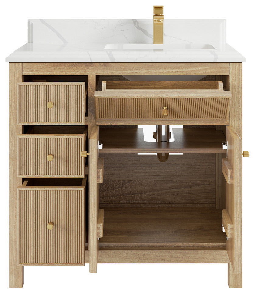 Sonoma Teak 36 Right Offset Bath Vanity Light Natural Teak 1.5" Calacatta Laza