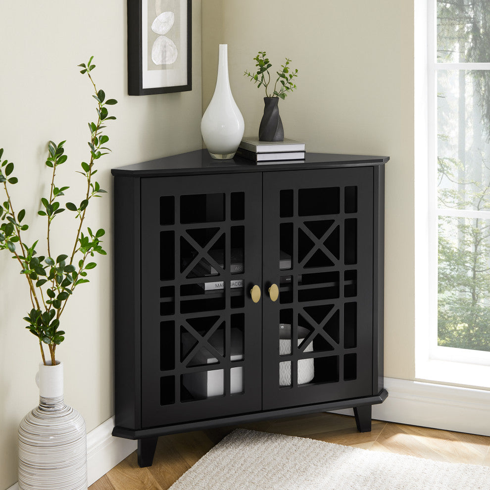 Gwen Fretwork Corner Accent Cabinet - Black