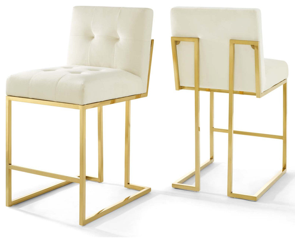 Privy Gold Stainless Steel Performance Velvet Counter Stool Set of 2-Gold Ivory