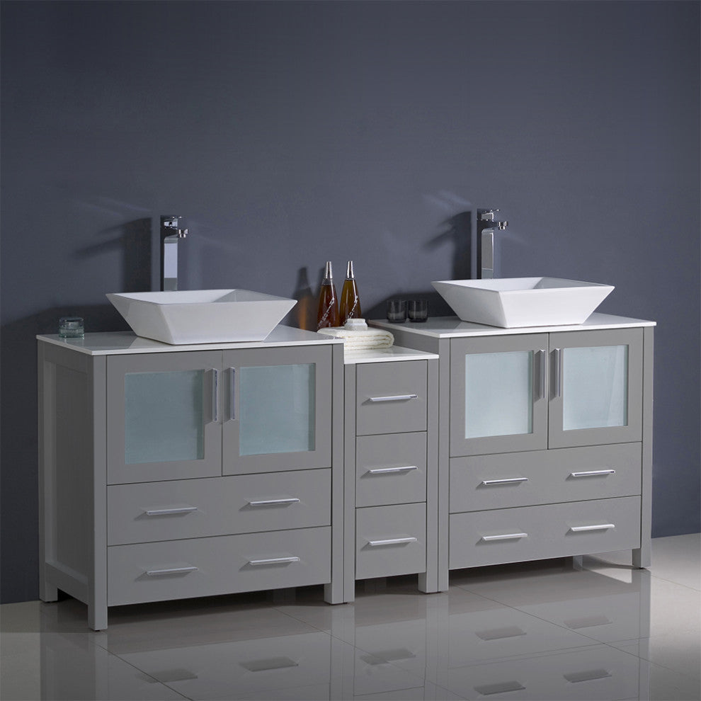 Torino Double Sink Bathroom Cabinets With Tops and Vessel Sinks, Gray 72"