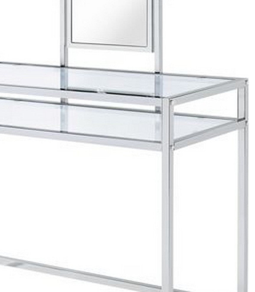 Benzara BM275480 2 Piece Metal Vanity Set, Tempered Glass, Faux Fur Seat, Silver