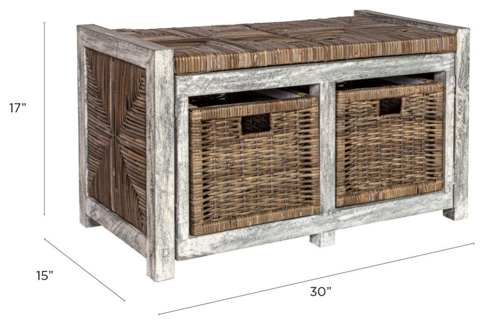 Happimess Rustic 30" 2 Drawer Wicker Storage Bench, Gray