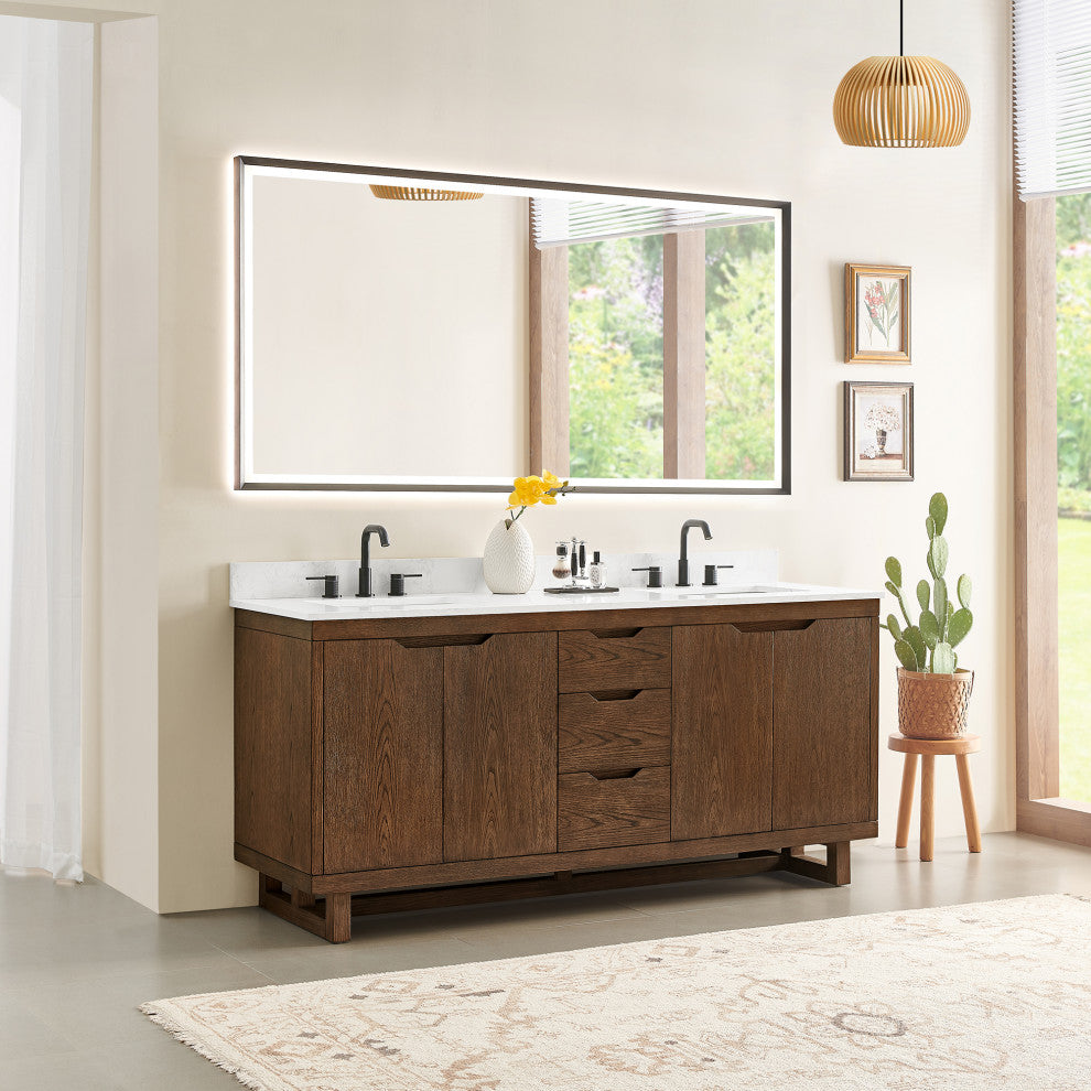 Mowry Bathroom Vanity, Brown Brushed Oak, 72", With Mirror