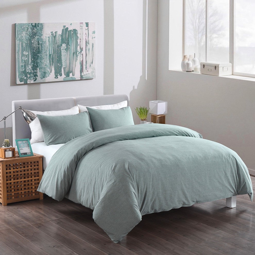 Messy Bed Washed Cotton Duvet Cover and Sham Set, Green, Twin