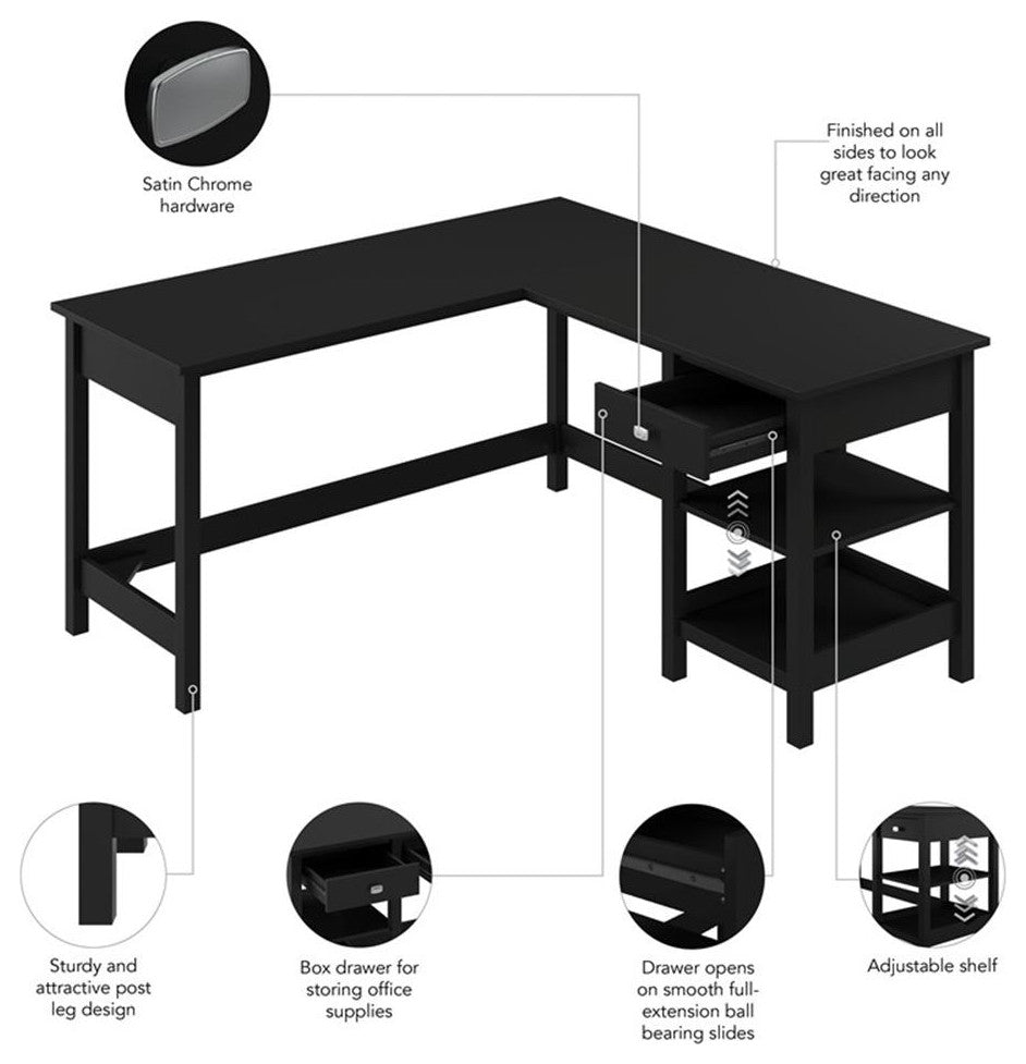 Broadview 60W L Shaped Computer Desk with Storage in Classic Black